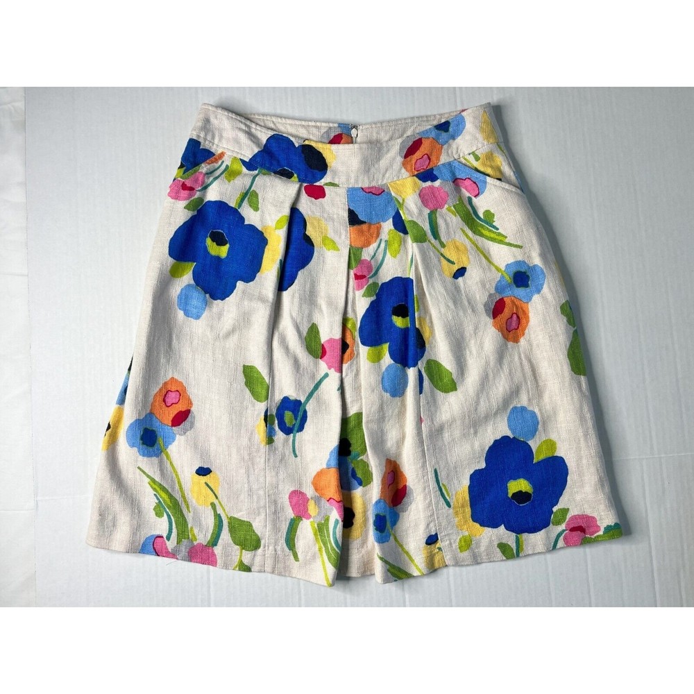 Kim Rogers Womens Linen Blend Floral Skirt Pleated Size 8 Knee Length Pockets